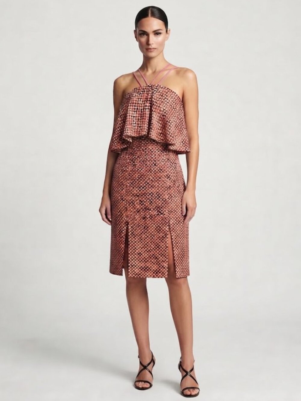 Sachin & Babi Halter Cross-Back Flounce Top Midi Dot Patterned Dress Size 4